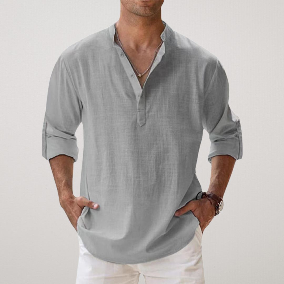 FIORA | Cotton Henley Shirt with Linen Look
