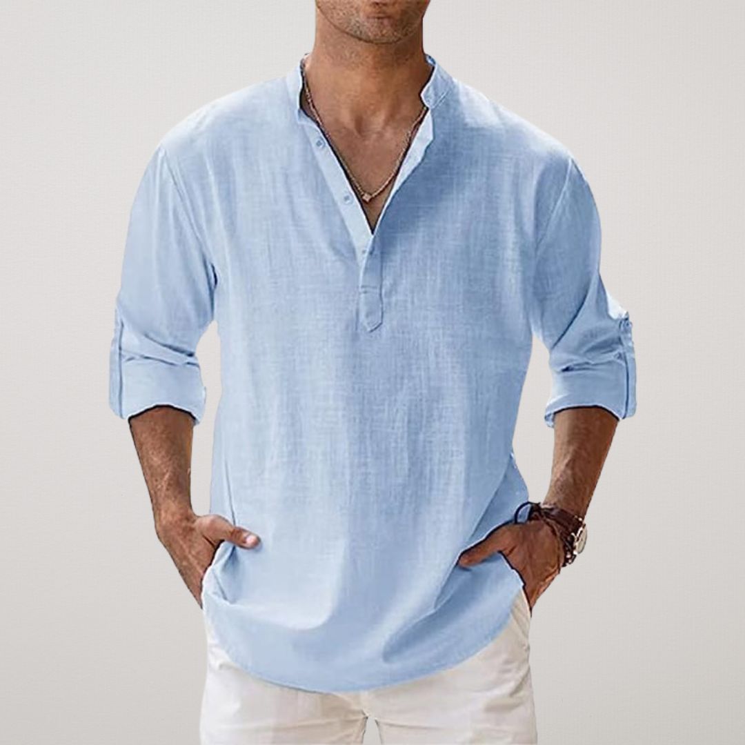 FIORA | Cotton Henley Shirt with Linen Look