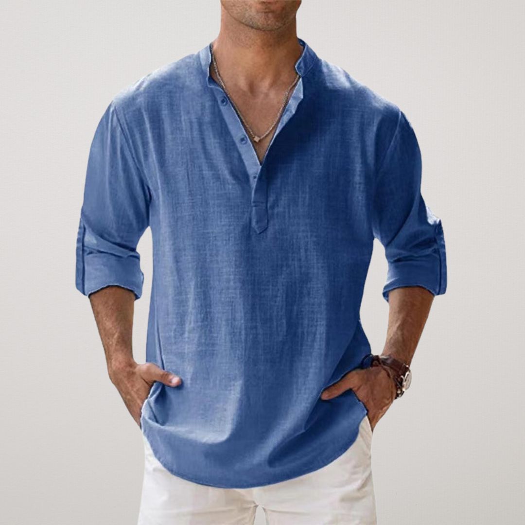 FIORA | Cotton Henley Shirt with Linen Look