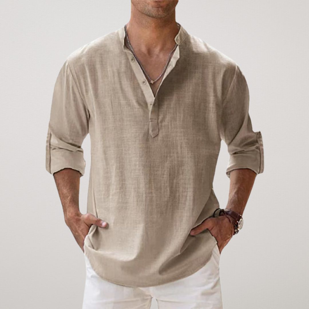 FIORA | Cotton Henley Shirt with Linen Look