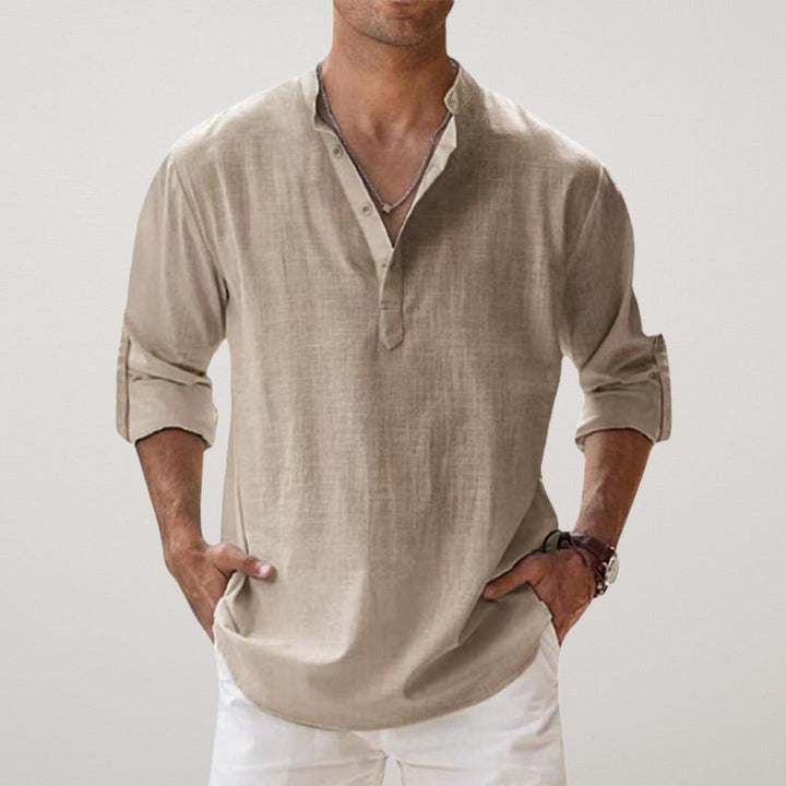 FIORA | Cotton Henley Shirt with Linen Look