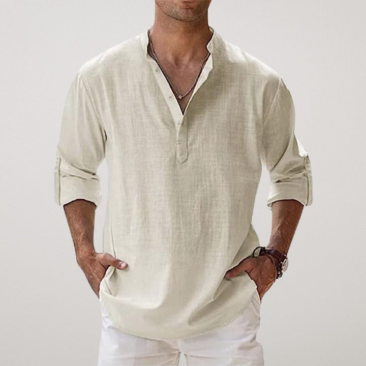 FIORA | Cotton Henley Shirt with Linen Look