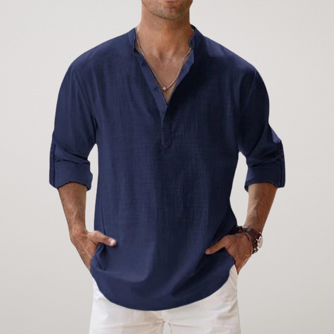 FIORA | Cotton Henley Shirt with Linen Look