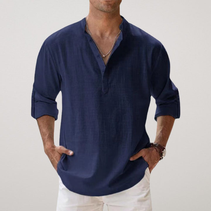 FIORA | Cotton Henley Shirt with Linen Look