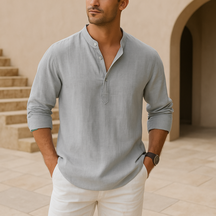 FIORA | Cotton Henley Shirt with Linen Look