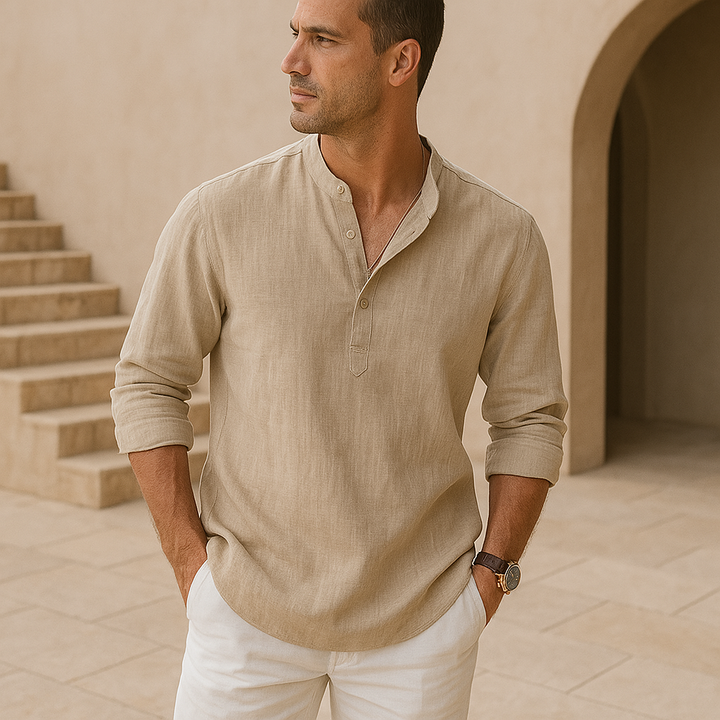 FIORA | Cotton Henley Shirt with Linen Look
