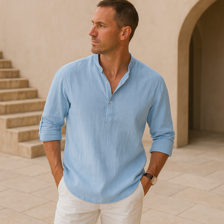 FIORA | Cotton Henley Shirt with Linen Look