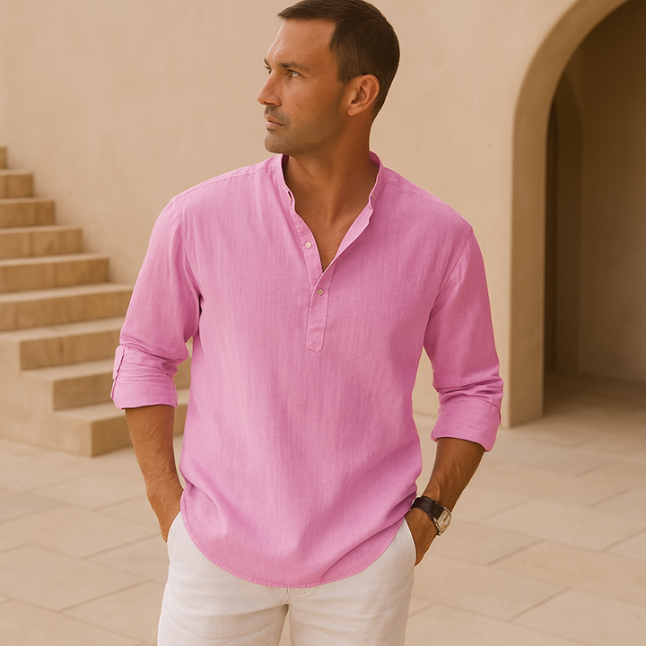 FIORA | Cotton Henley Shirt with Linen Look