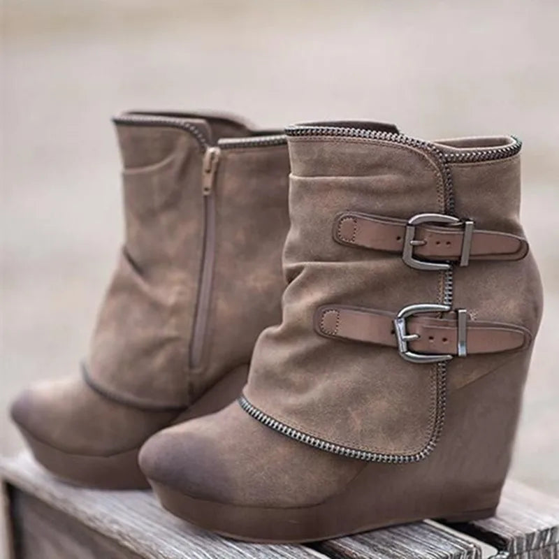 2025 nouvelles Bottes pour Femmes Zip femmes talons hauts daim mode talons compensés Durable rétro Femmes bottines tête ronde Bottes Femmes