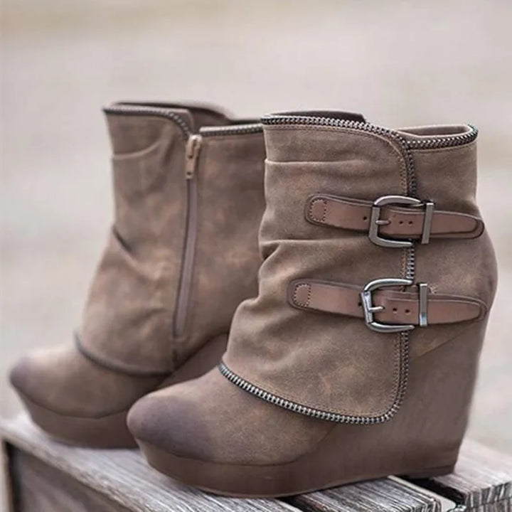 2025 nouvelles Bottes pour Femmes Zip femmes talons hauts daim mode talons compensés Durable rétro Femmes bottines tête ronde Bottes Femmes