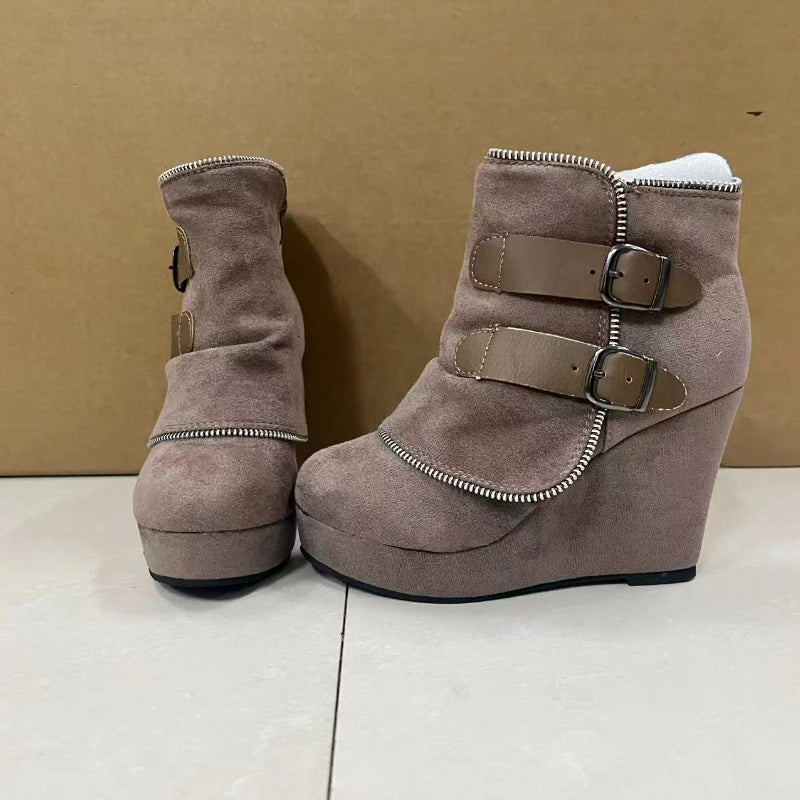 2025 nouvelles Bottes pour Femmes Zip femmes talons hauts daim mode talons compensés Durable rétro Femmes bottines tête ronde Bottes Femmes