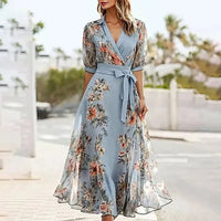 Vanessa™ - Boho Maxi Dress with V-neck and Bow