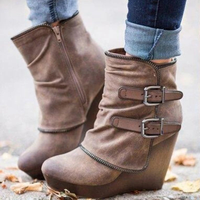 2025 nouvelles Bottes pour Femmes Zip femmes talons hauts daim mode talons compensés Durable rétro Femmes bottines tête ronde Bottes Femmes
