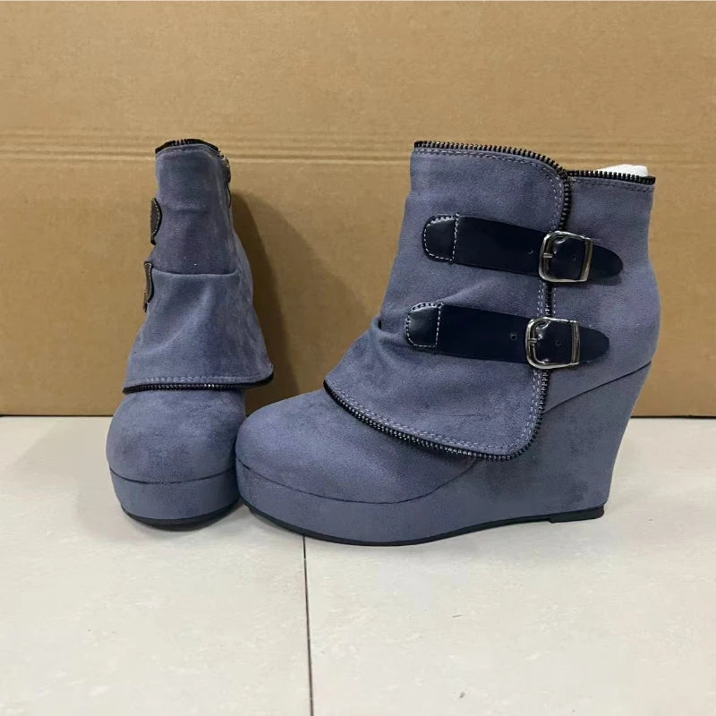 2025 nouvelles Bottes pour Femmes Zip femmes talons hauts daim mode talons compensés Durable rétro Femmes bottines tête ronde Bottes Femmes