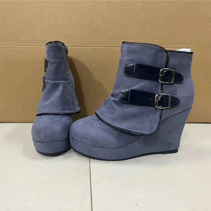 2025 nouvelles Bottes pour Femmes Zip femmes talons hauts daim mode talons compensés Durable rétro Femmes bottines tête ronde Bottes Femmes
