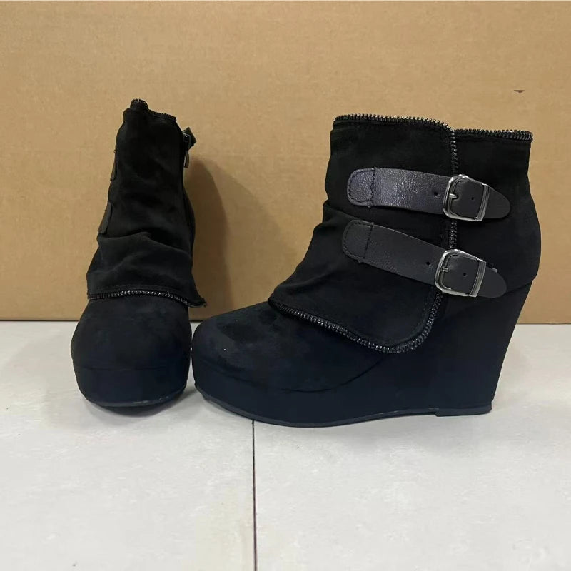 2025 nouvelles Bottes pour Femmes Zip femmes talons hauts daim mode talons compensés Durable rétro Femmes bottines tête ronde Bottes Femmes