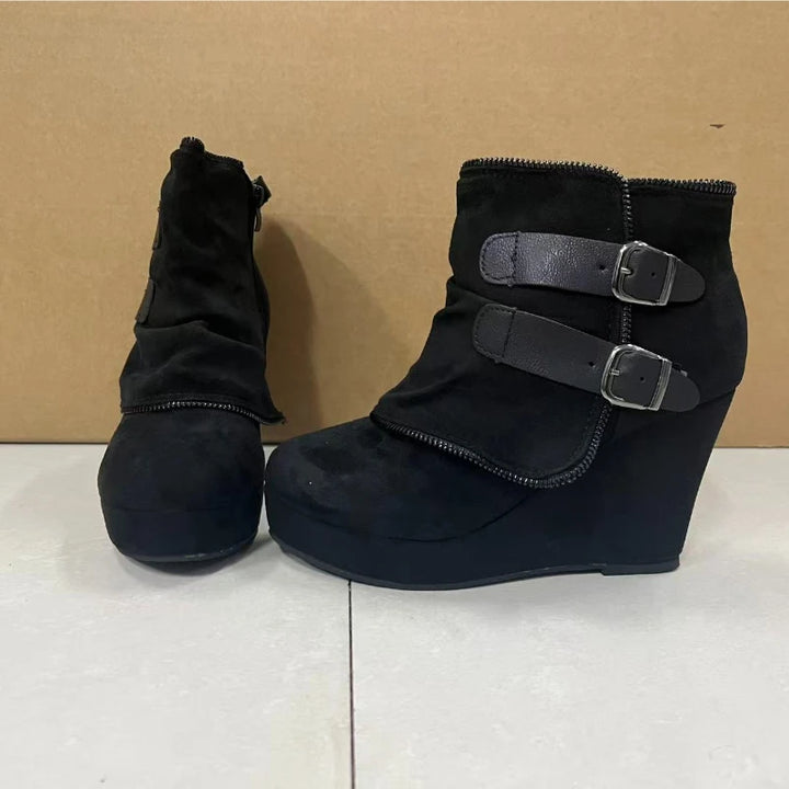 2025 nouvelles Bottes pour Femmes Zip femmes talons hauts daim mode talons compensés Durable rétro Femmes bottines tête ronde Bottes Femmes