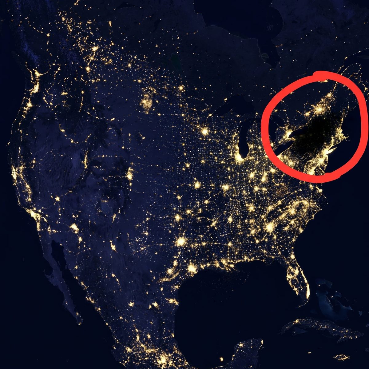 Night satellite view of the United States with a region in darkness