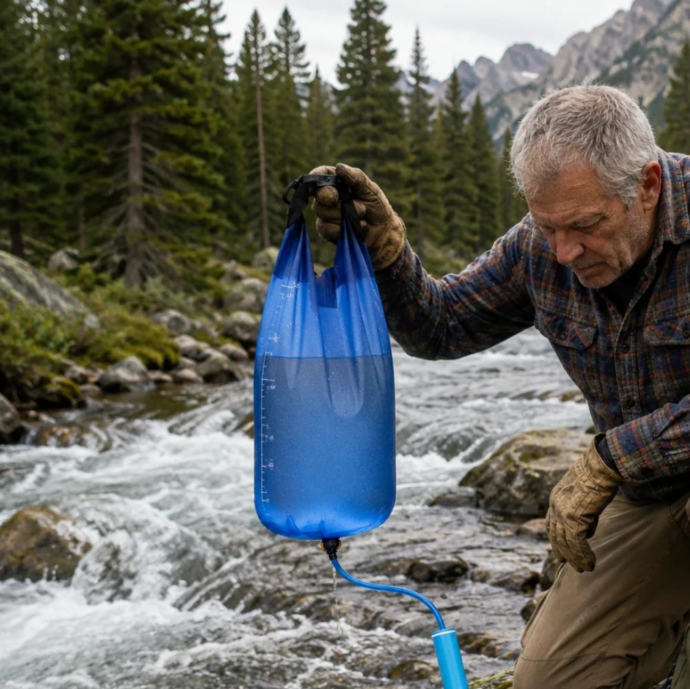 Man filling the gravity bag at a mountain river