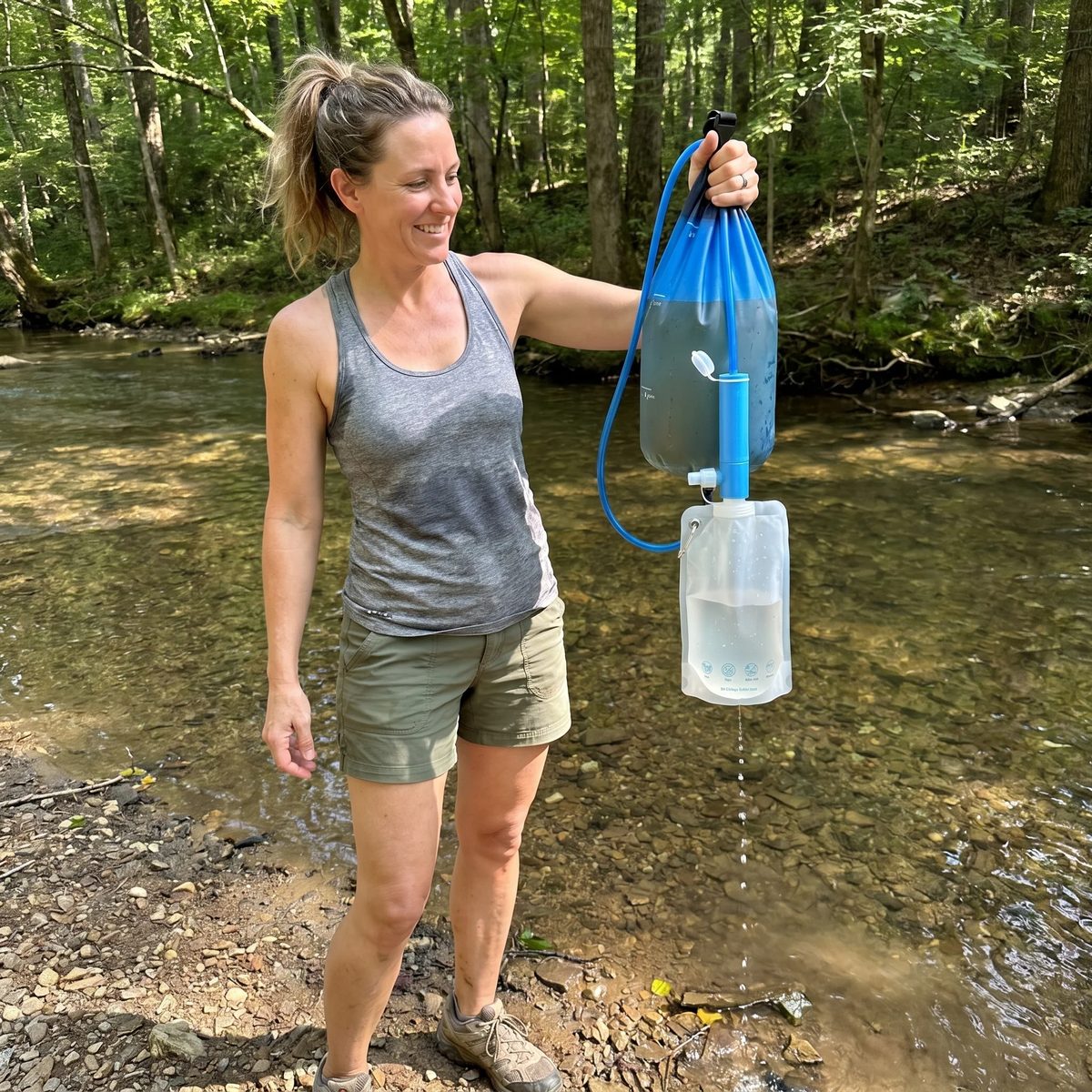 Woman holding the gravity filter by a stream as clean water drips out