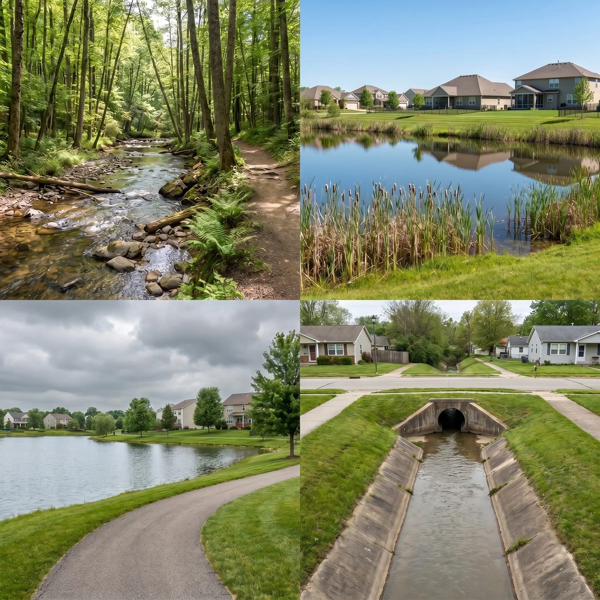 A creek, a pond, a lake and a drainage channel near homes