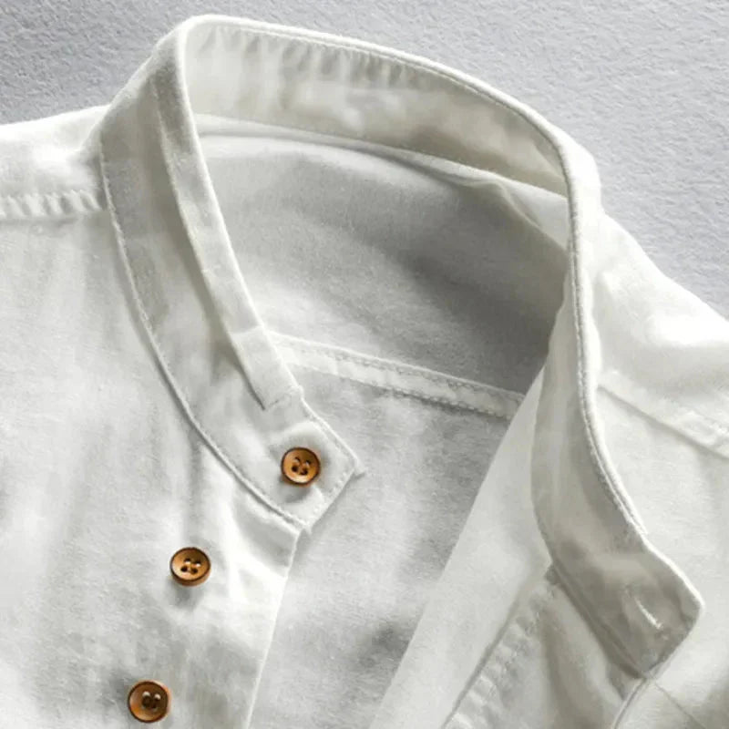 Kenji | Men's Minimalist Long Sleeve Linen Shirt with Band Collar