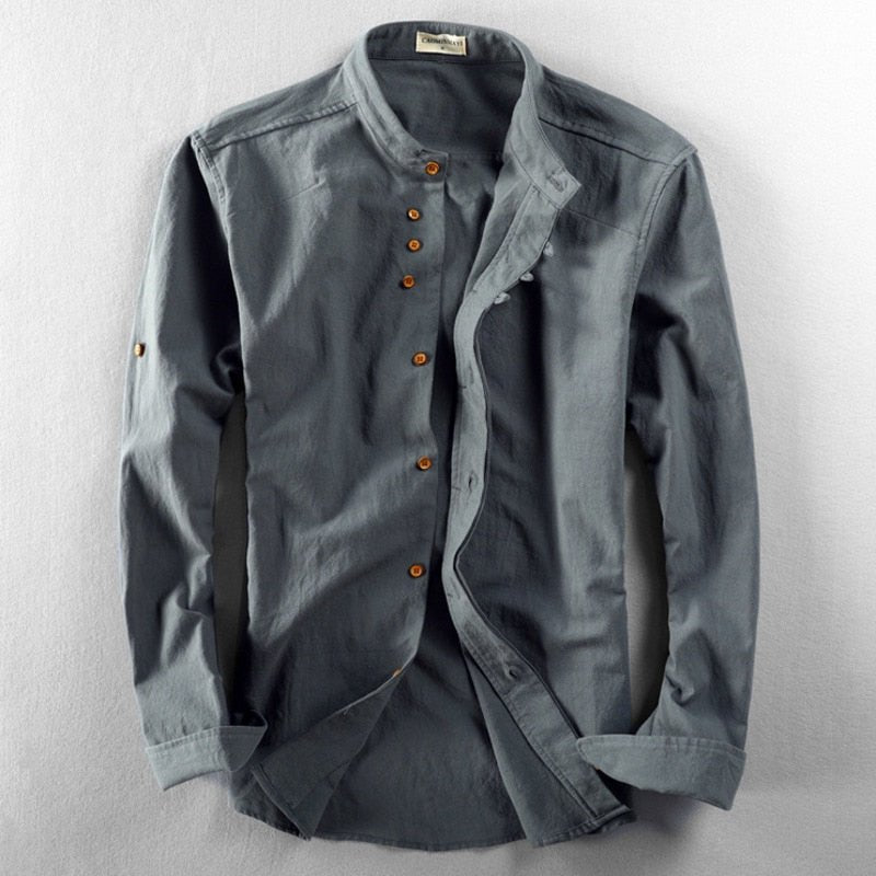 Kenji | Men's Minimalist Long Sleeve Linen Shirt with Band Collar