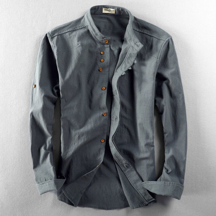 Kenji | Men's Minimalist Long Sleeve Linen Shirt with Band Collar