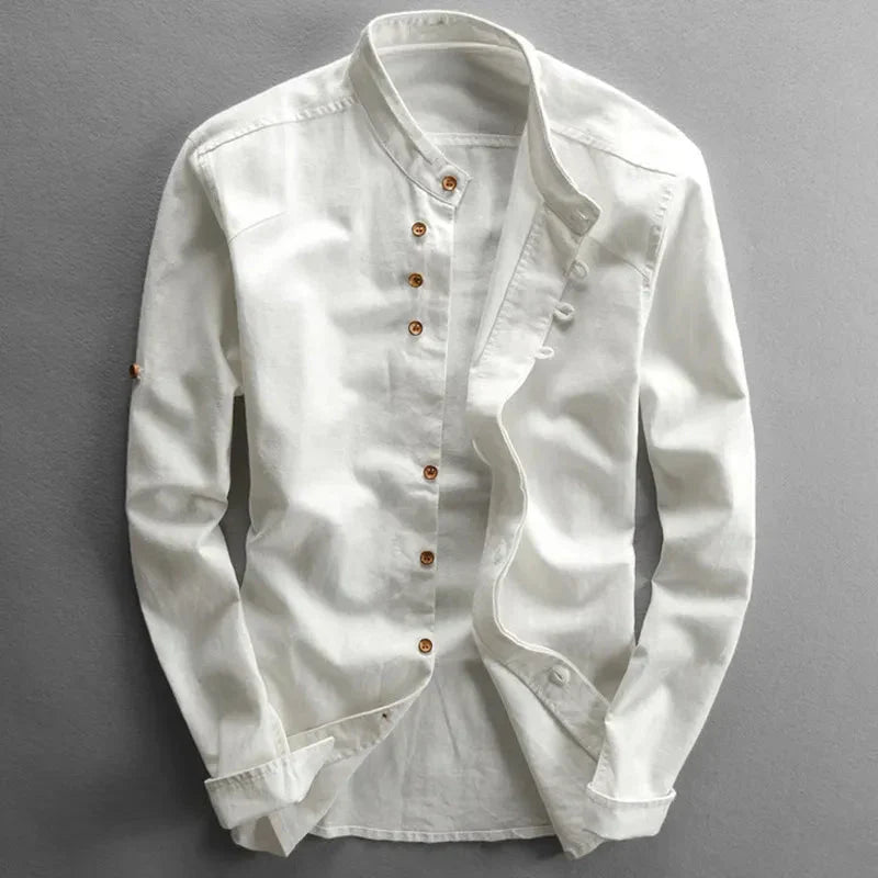 Kenji | Men's Minimalist Long Sleeve Linen Shirt with Band Collar