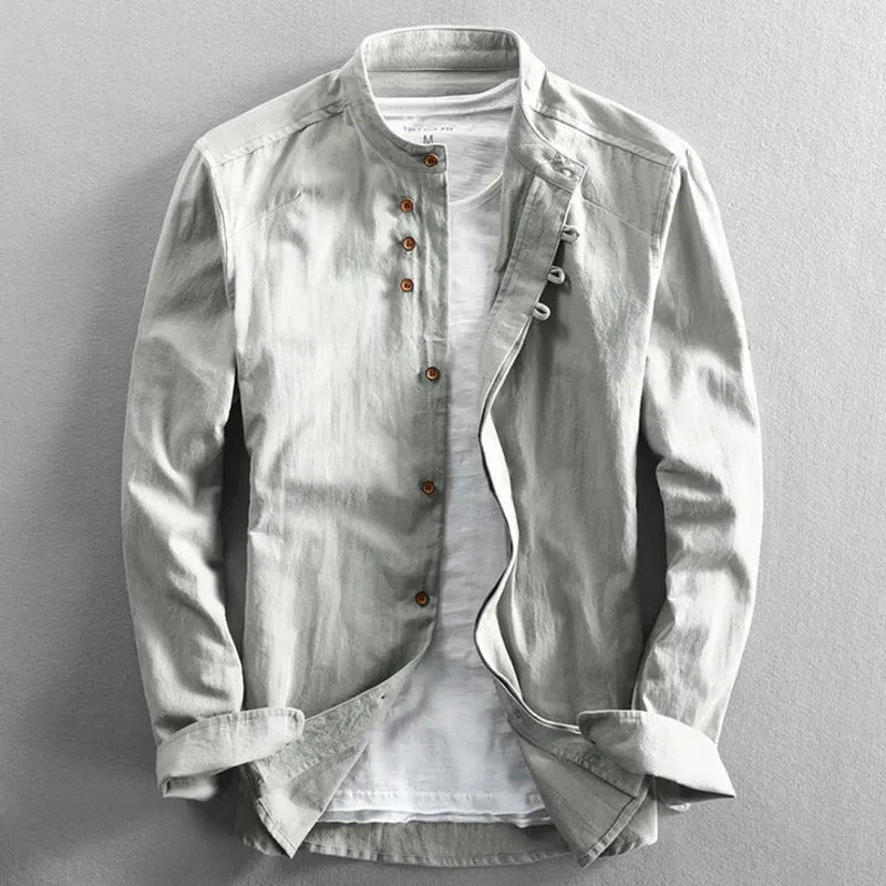 Kenji | Men's Minimalist Long Sleeve Linen Shirt with Band Collar