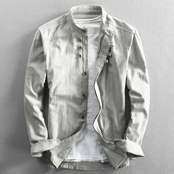 Kenji | Men's Minimalist Long Sleeve Linen Shirt with Band Collar
