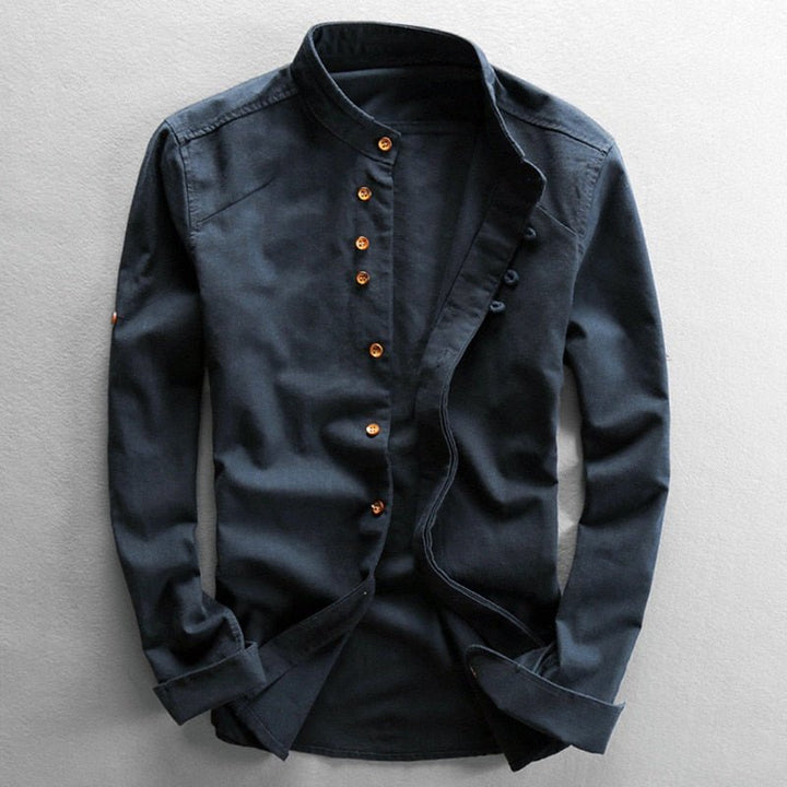 Kenji | Men's Minimalist Long Sleeve Linen Shirt with Band Collar